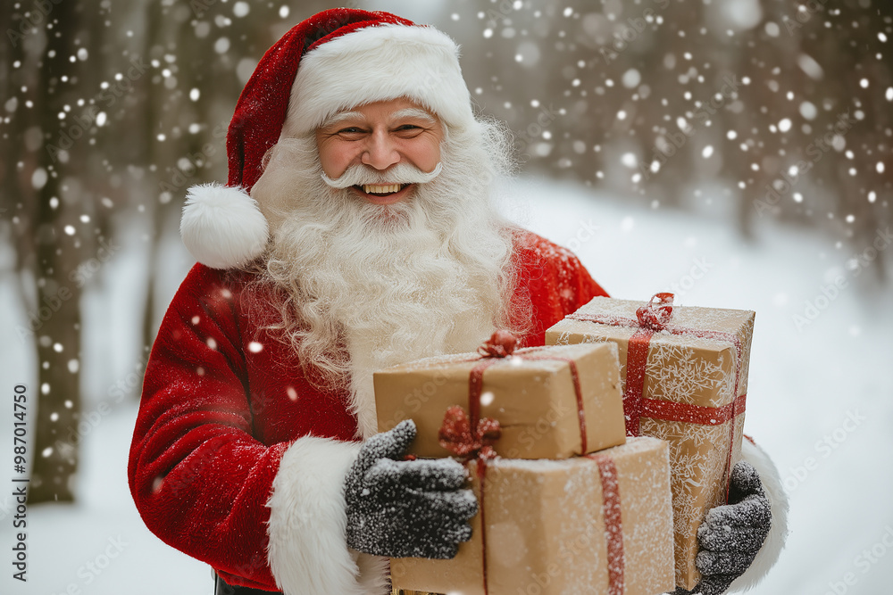 Santa Claus Is Carrying Christmas Gifts in a Snowy Forest