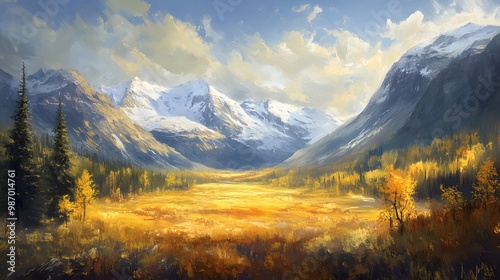 A Golden Meadow Surrounded by Snow-Capped Mountains