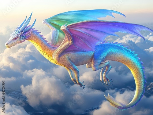 Render a photorealistic image of a rainbow-hued dragon gliding gracefully among billowing clouds, capturing the essence of fantastical beings photo