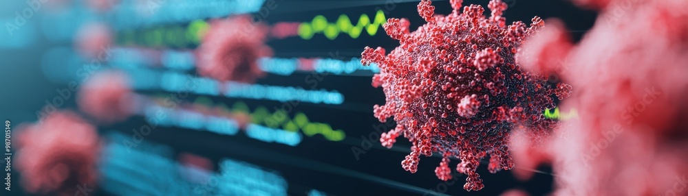 A detailed close-up of a virus model against a digital background, illustrating scientific research and data analysis. A detailed close-up of a virus model against a digital background, illustrating scientific research and data analysis.