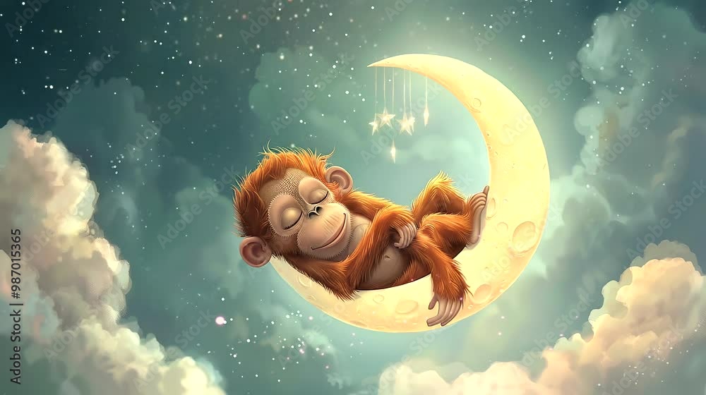 Adorable monkey resting on a crescent moon surrounded by stars, in a dreamy night sky illustration. Seamless looping time-lapse video background