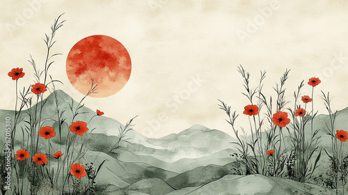 A serene landscape with red poppies and a large orange moon rising behind soft, misty mountains in a tranquil setting. photo