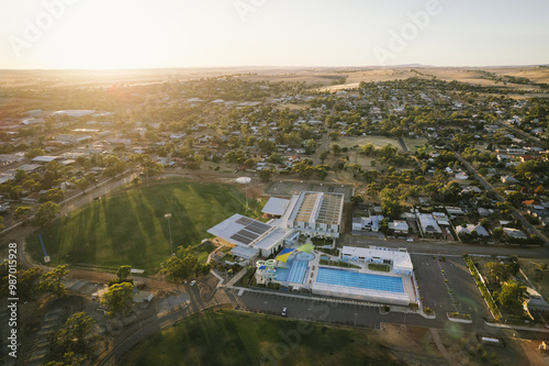 Early morning aerial over Aquatic Centre and town of Northam in Western Australia