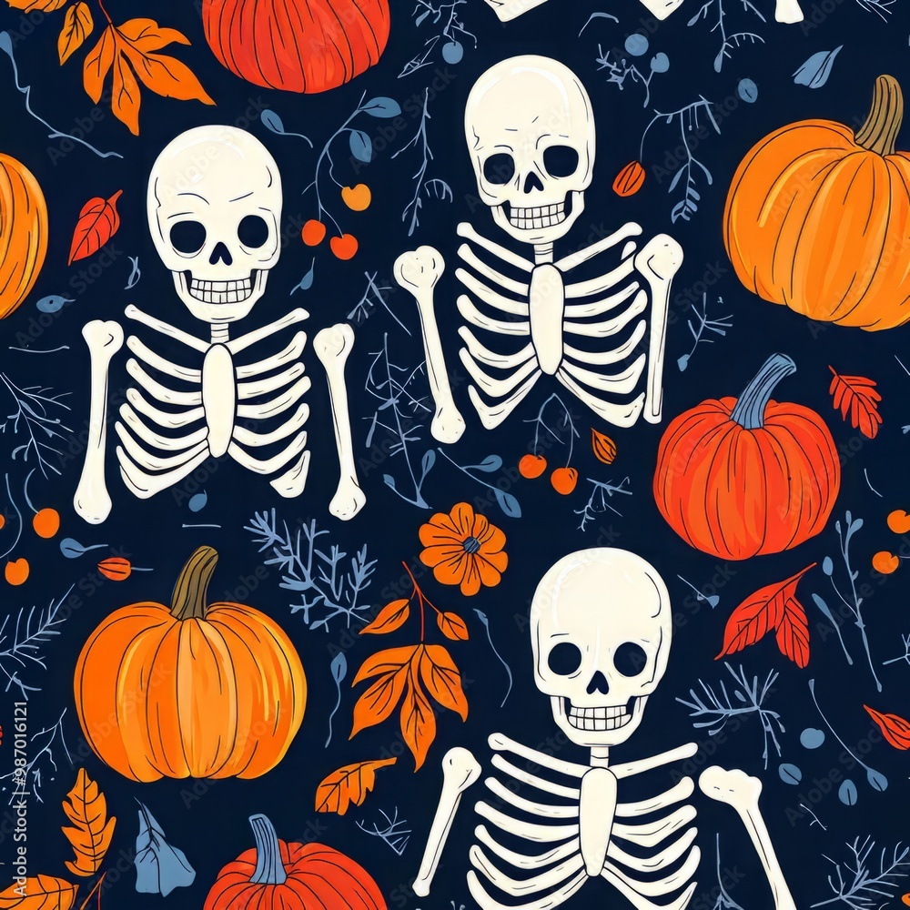 Seamless pattern A fun and whimsical Halloween featuring skeletons, pumpkins, and autumn leaves on a dark background. Seamless pattern A fun and whimsical Halloween featuring skeletons, pumpkins, and autumn leaves on a dark background.