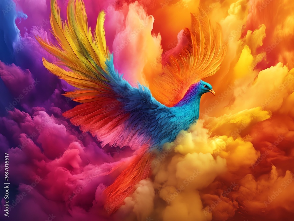 A multicolored phoenix rising from a sea of vibrant colors, symbolizing rebirth and the power of creative imagination