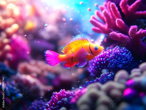 A surreal underwater scene with glowing, multicolored coral and neon fish, visualizing an imaginative ocean world