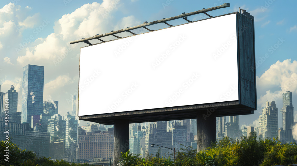 A large blank billboard stands against a city skyline, surrounded by greenery under a bright sky. A large blank billboard stands against a city skyline, surrounded by greenery under a bright sky.