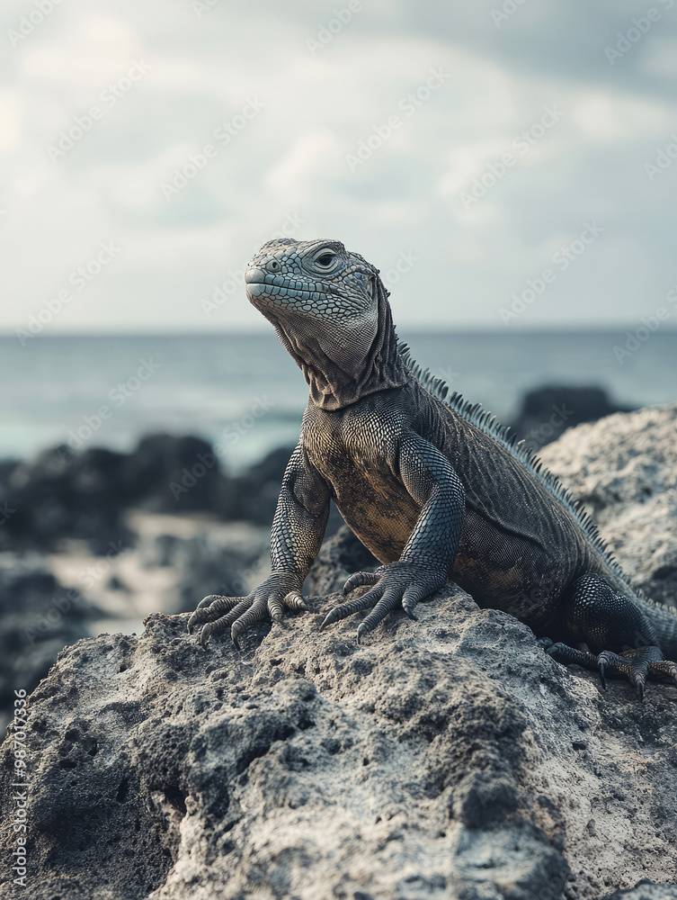 A rugged iguana perches on a rocky outcrop by the sea, showcasing its textured skin and fierce demeanor against a cloudy sky. A rugged iguana perches on a rocky outcrop by the sea, showcasing its textured skin and fierce demeanor against a cloudy sky.