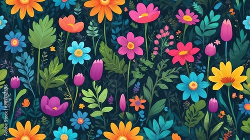 Wallpaper Mural Brightly Colored Forest Flowers Cartoon Background Design Torontodigital.ca