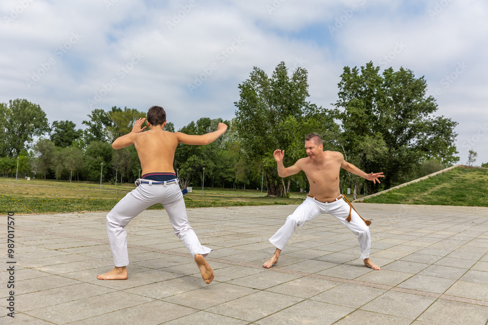 Obraz premium Teenager and middle aged man practicing capoeira , brazilian martial art