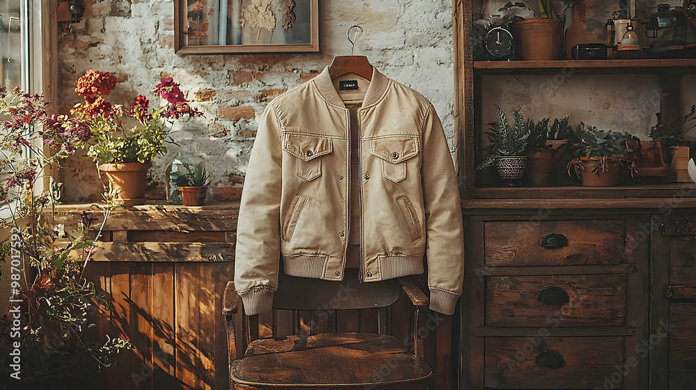 A chic bomber jacket displayed on a rustic wooden chair, with natural sunlight softly illuminating the fabric, evoking urban style, versatility, and modern fashion A chic bomber jacket displayed on a rustic wooden chair, with natural sunlight softly illuminating the fabric, evoking urban style, versatility, and modern fashion