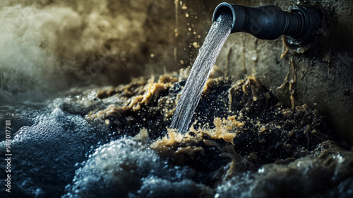 Wallpaper Mural A pipe discharges turbulent water into a murky surface, creating splashes and bubbles in a dark, textured environment. Torontodigital.ca