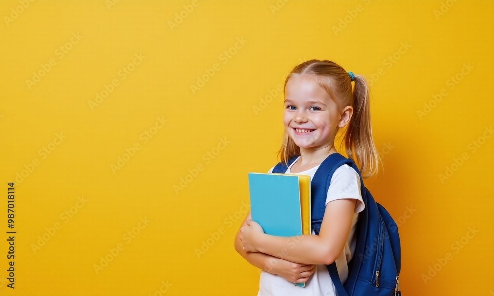 portrait funny child with backpacks and school books girl on pastel background. portrait funny child with backpacks and school books girl on pastel background.