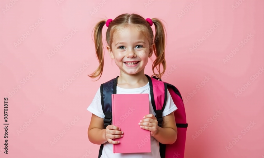 portrait funny child with backpacks and school books girl on pastel background. portrait funny child with backpacks and school books girl on pastel background.