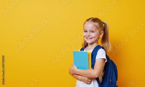 portrait funny child with backpacks and school books girl on pastel background.