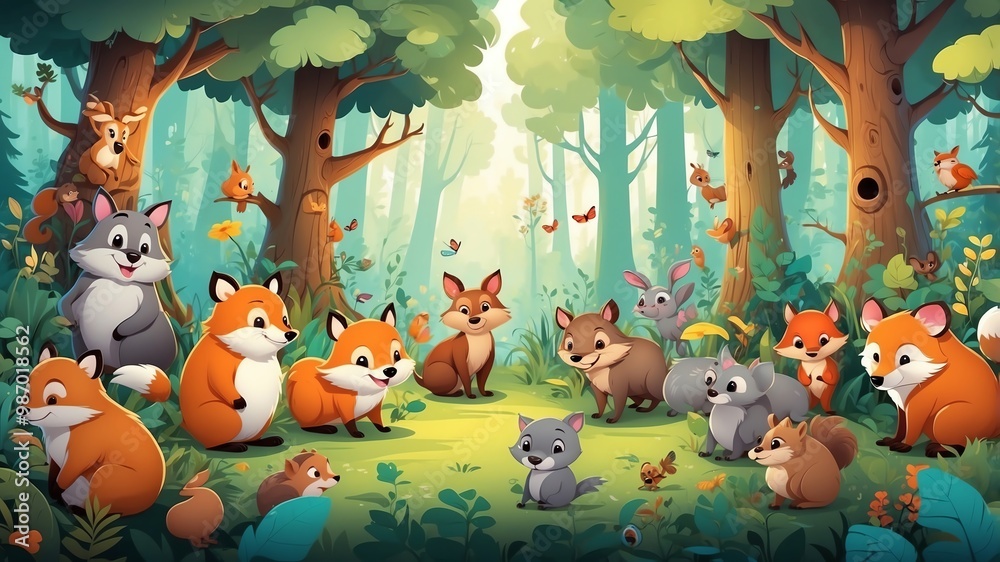 Cheerful Forest Animal Gathering Cartoon Background Design Cheerful Forest Animal Gathering Cartoon Background Design