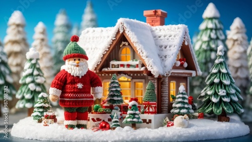 A fabulous house, dressed in a knitted Christmas sweater, against the background of a winter forest on a sunny day, there is a Christmas tree next to the house.