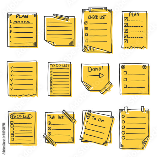 Hand drawn memo paper sheet icon set in flat style. Checklist vector illustration on isolated background. To do list sign business concept.