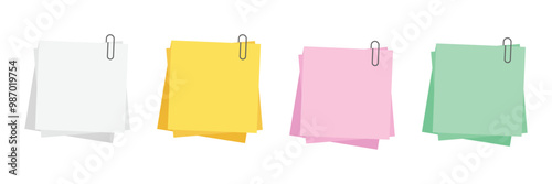 Paper note with clip set in flat style. Note paper pieces vector illustration on isolated background. Sheets of note papers sign business concept.