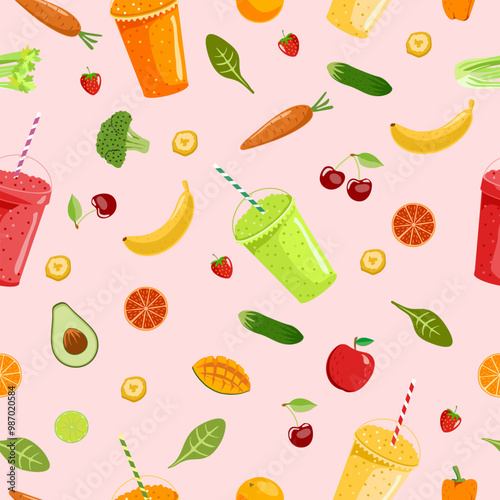 Smoothies and fruits seamless pattern. Cute summer seamless pattern background illustration with smoothies and fresh fruits