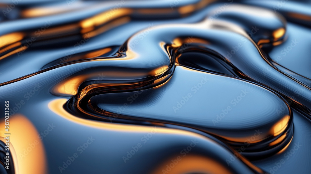 Abstract composition of flowing liquid shapes with shiny metallic textures and warm highlights, creating a captivating visual effect.