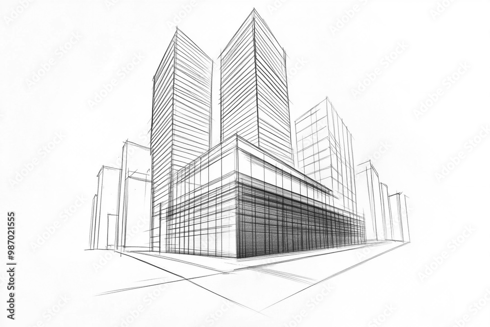 Fototapeta premium a drawing sketch of architecture, modern office building, perspective, simple lines, on white background.