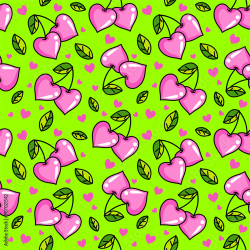 Pink cherry in heart shape seamless pattern. Icon design. Ornament with cherry hearts seamless pattern for Valentine's day. Cute pink hearts seamless pattern