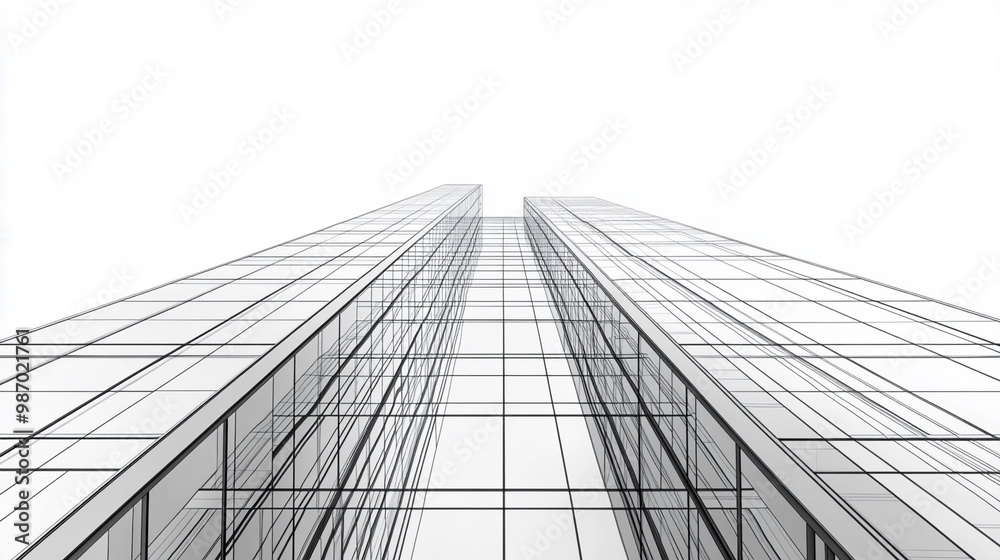 a drawing sketch of architecture, modern office building, perspective, simple lines, on white background.