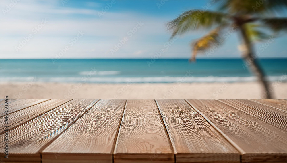 Fototapeta premium Empty wooden table with blurred background of a city view skyline Ideals for product presentation