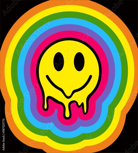 Funny tie dye psychedelic surreal melt smile face. 70s retro smile yellow groovy face. Acid, techno, trippy print. Acid rainbow smile illustration