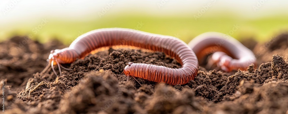 Close-up of earthworms burrowing in moist soil, highlighting soil health and natural resources Close-up of earthworms burrowing in moist soil, highlighting soil health and natural resources