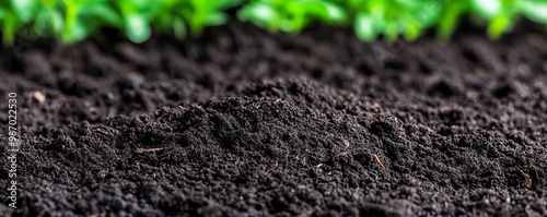 Close-up of healthy dark soil with organic material, promoting soil fertility