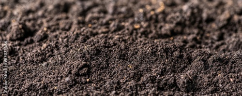 Close-up of healthy dark soil with organic material, promoting soil fertility
