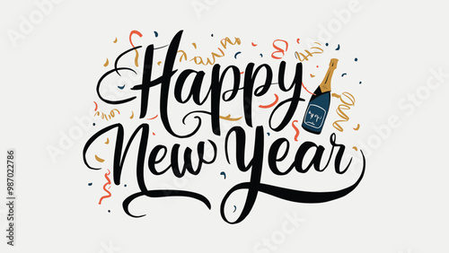 Happy New Year Graphic Design with Champagne Bottle. A celebratory graphic design featuring the text "Happy New Year" in a stylized, script font