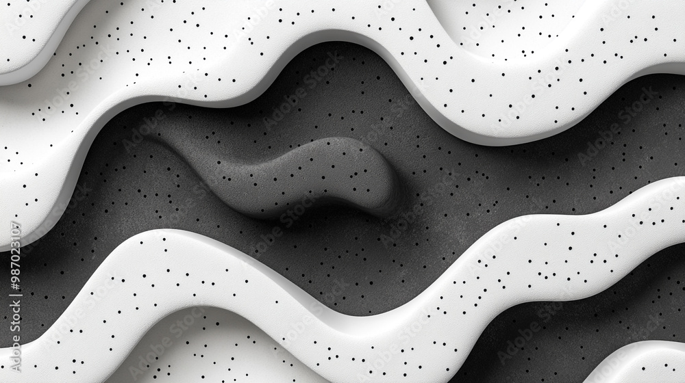 Abstract wave pattern in black and white with textured surfaces ...