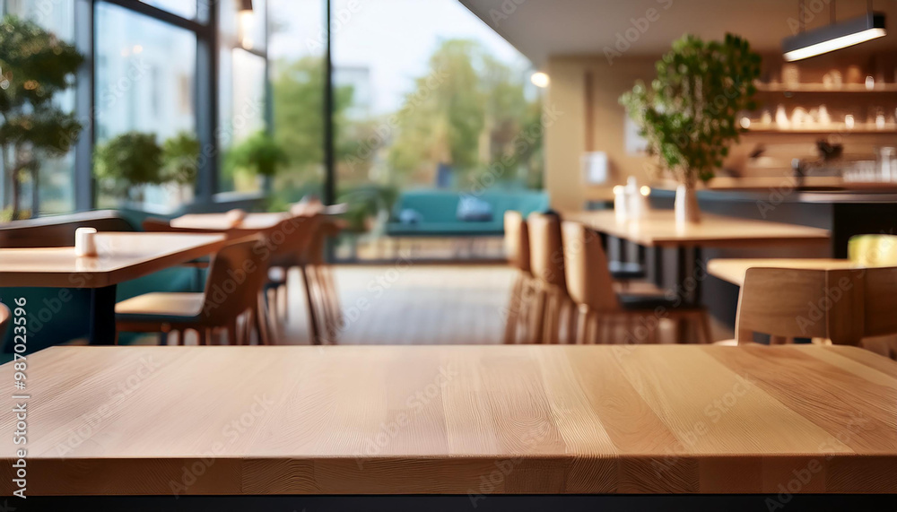 Fototapeta premium view of a wooden table on the terrace of a bar
