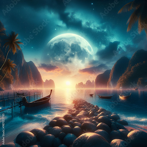 Seashore Timelapse: Day to Night Scene with Dreamy Background, Perfect for Graphic Overlays Adobe Stock Photo Concept
 photo