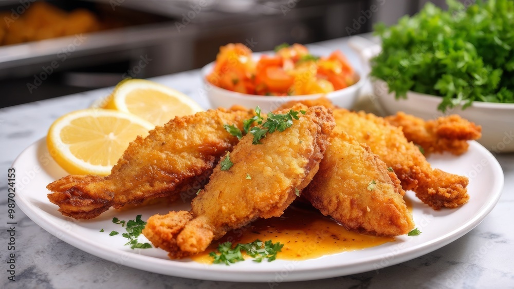 Crispy fried catfish in breadcrumbs with a slice of lemon and sauce. Crispy fried catfish in breadcrumbs with a slice of lemon and sauce.