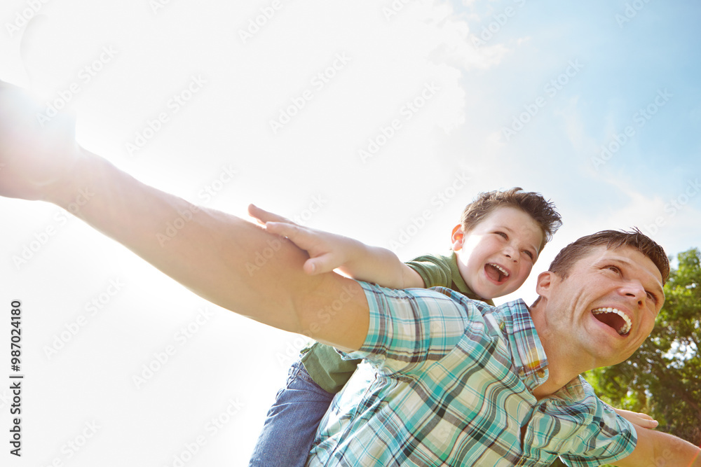 Dad, son and sky with fly or laughing for fun, support and care outdoor in France. People, parent and smile with kid as family on break to play with love, trust and child development or growth Dad, son and sky with fly or laughing for fun, support and care outdoor in France. People, parent and smile with kid as family on break to play with love, trust and child development or growth