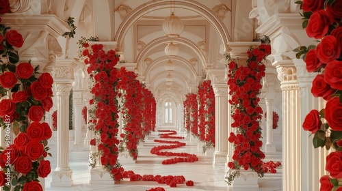 White marble corridor with arches and columns decorated in red roses photo