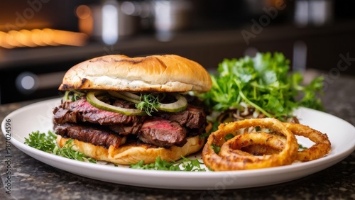 Delicious sandwich with grilled rebai and onion rings.