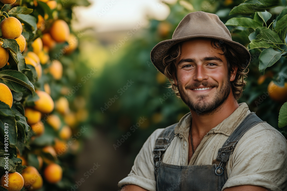 Smiling gardeners with orange groves in the background. Smiling gardeners with orange groves in the background.