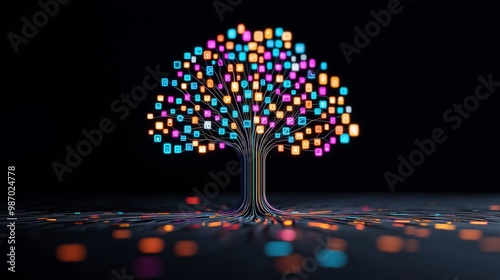 Abstract Technology Tree with App Icons and Neon Lines