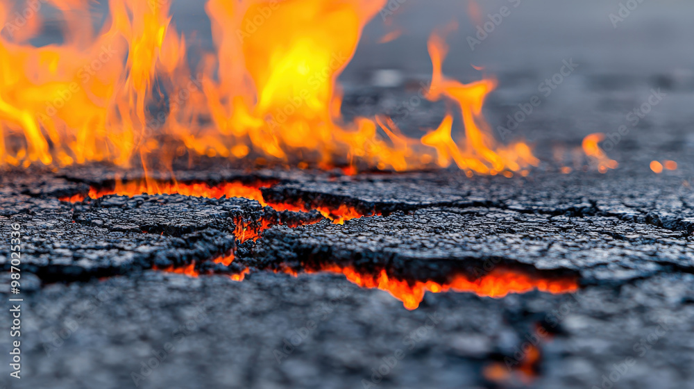 close up view of burning asphalt reveals molten tar bubbling and flames dancing across cracked surface, creating striking and intense visual close up view of burning asphalt reveals molten tar bubbling and flames dancing across cracked surface, creating striking and intense visual
