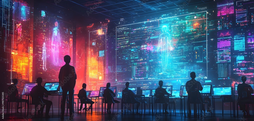 A vibrant classroom featuring holographic interfaces, where students engage with technology, promoting innovation and creativity. The atmosphere feels futuristic and dynamic. AI Power Concept A vibrant classroom featuring holographic interfaces, where students engage with technology, promoting innovation and creativity. The atmosphere feels futuristic and dynamic. AI Power Concept