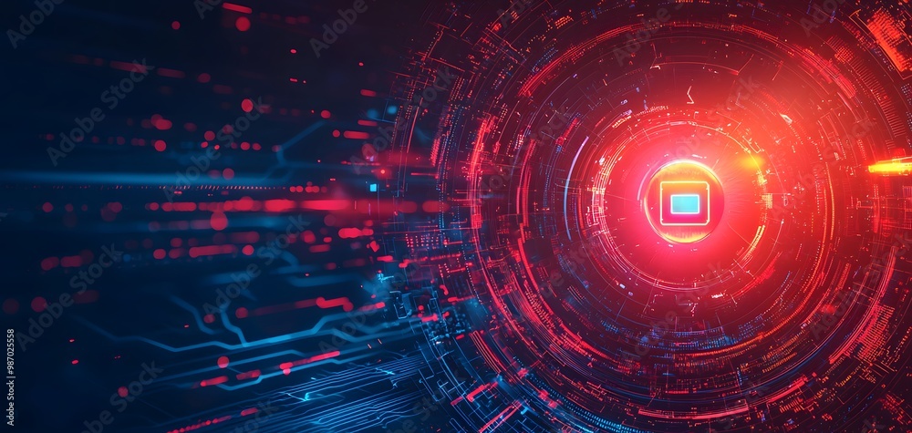 Fototapeta premium A glowing circular AI security system showcases a futuristic design with vibrant red and blue hues. Its background is a solid, dark backdrop enhancing its technological vibe. AI Power Concept