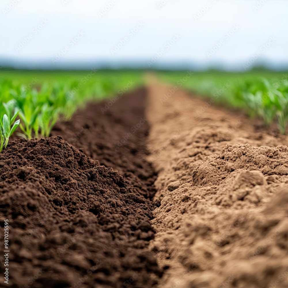 Detailed view of sandy soil next to loamy soil in a field, illustrating soil types in agriculture