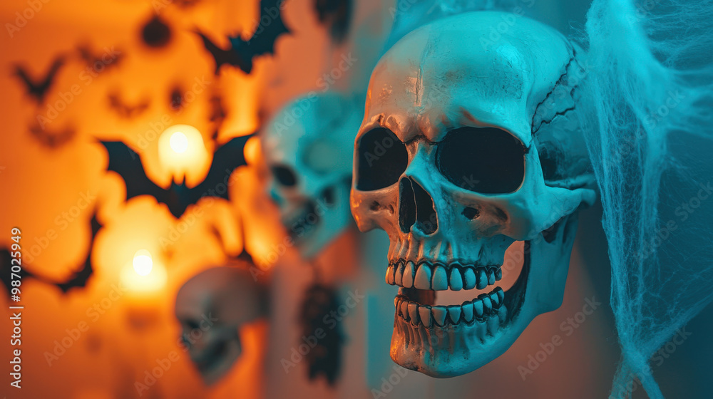 Spooky Halloween decorations featuring skulls and bats create eerie atmosphere in dimly lit room. combination of shadows and orange lighting enhances haunting vibe Spooky Halloween decorations featuring skulls and bats create eerie atmosphere in dimly lit room. combination of shadows and orange lighting enhances haunting vibe