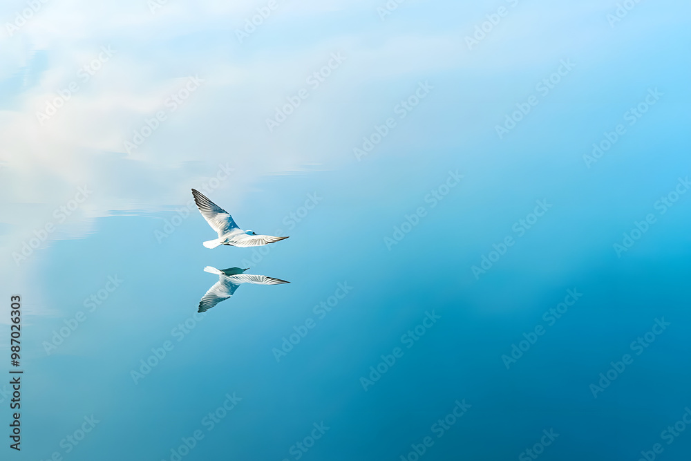 Obraz premium A white seagull soars freely through the blue sky above the ocean
