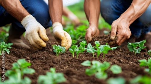 Farmers adding natural fertilizers to improve soil fertility for organic farming